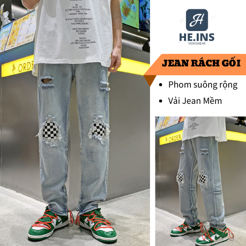 Quần jean nam rách gối Unisex nam nữ, quần bò nam Dáng Rách Gối quần vải jean dày phong cách streetwear