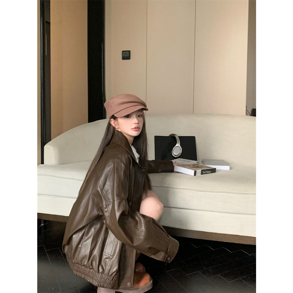 Kumikumi Áo Khoác Da Tay Dài Dáng Rộng Màu Nâu Thời Trang Hàn Quốc Cho Nữ
