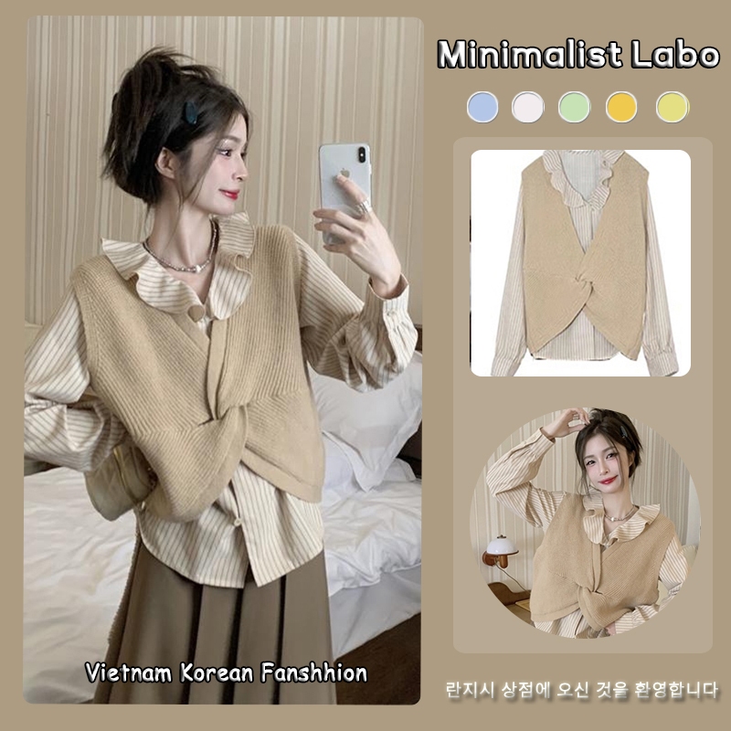 Minimalist Labo Áo dệt kim sát nách cổ chữ V/ áo sơ mi lưng cao phong cách thời trang sang trọng cao cấp