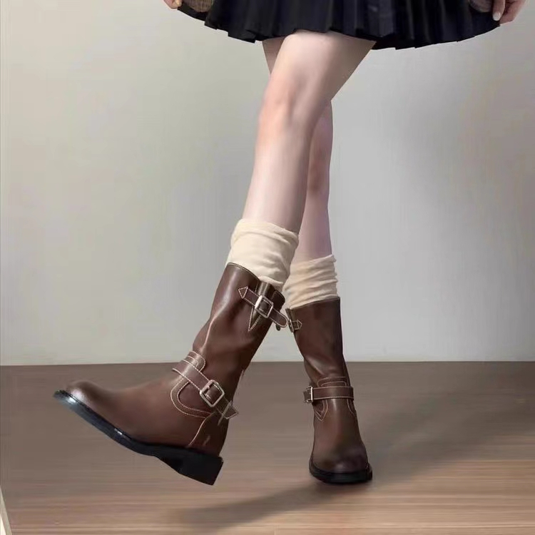 Giày Bốt martin Gót Thấp Mũi Tròn Bằng Da Phong Cách Anh Quốc Thời Trang Thu Đông Cho Nữ