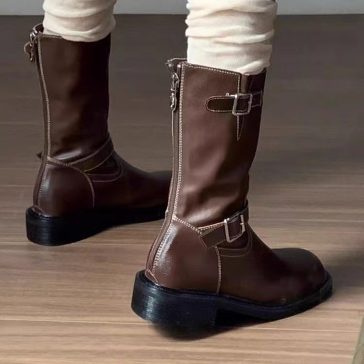 Giày Bốt martin Gót Thấp Mũi Tròn Bằng Da Phong Cách Anh Quốc Thời Trang Thu Đông Cho Nữ