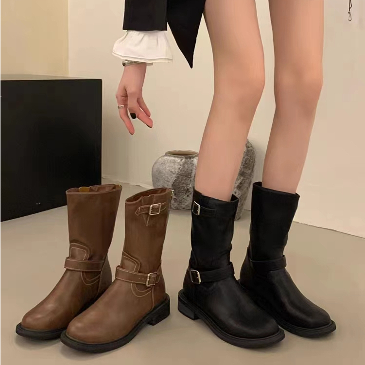 Giày Bốt martin Gót Thấp Mũi Tròn Bằng Da Phong Cách Anh Quốc Thời Trang Thu Đông Cho Nữ