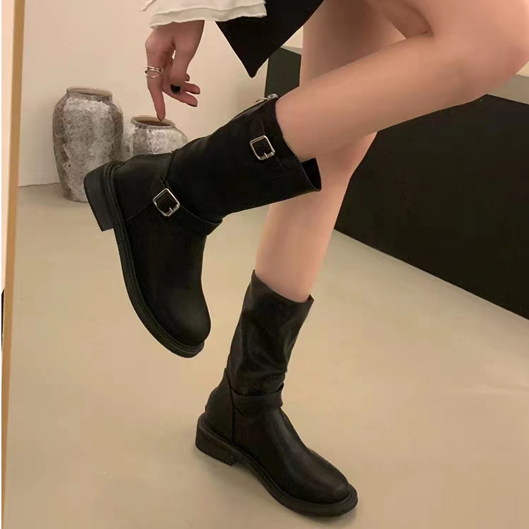 Giày Bốt martin Gót Thấp Mũi Tròn Bằng Da Phong Cách Anh Quốc Thời Trang Thu Đông Cho Nữ