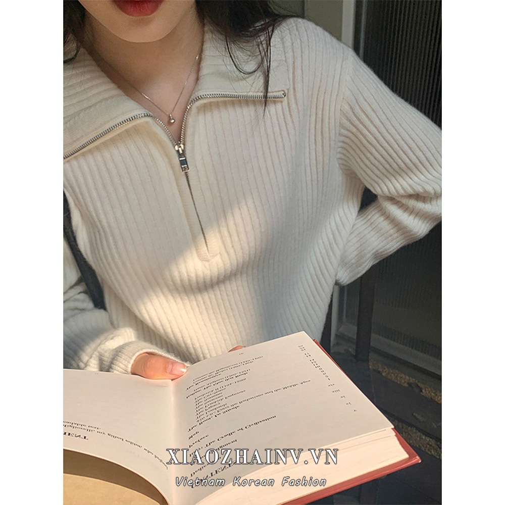 Xiaozhainv Áo sweater Dệt Kim Tay Dài Dáng Rộng Màu Trơn Phối Khóa Kéo Thời Trang Hàn Quốc y2k