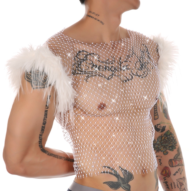 Mới Áo Ba Lỗ Lưới Xuyên Thấu Đính Đá Gợi Cảm Cho Nam