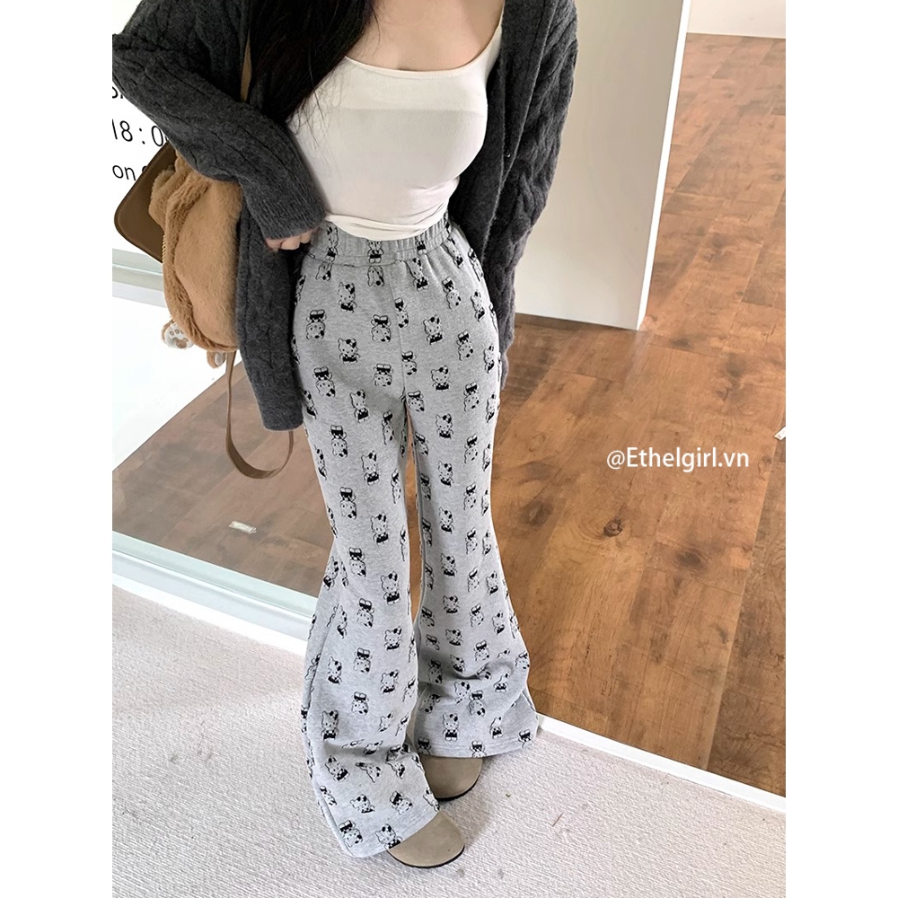 Ethelgirl Quần Dài Dệt Kim Lưng Cao Dáng Ôm In Hình Mèo Kiểu retro Thời Trang Mùa Thu Cho Nữ