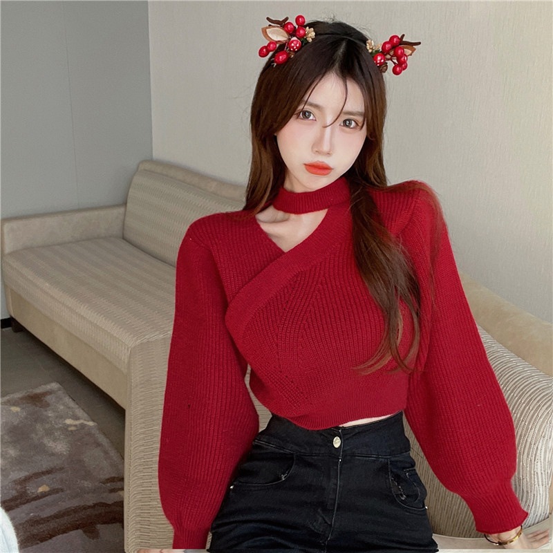 Ruo Bei  Xuan    Áo sweater Ngắn Lưng Cao Thời Trang Thu Đông Cho Nữ