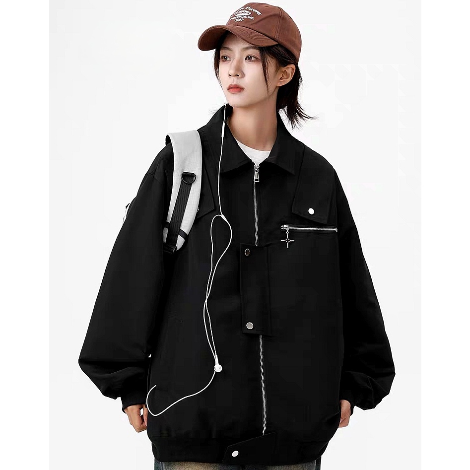 Esea Áo Khoác Phi Công Vải Dù Dáng Rộng Màu Trơn Đơn Giản Phong Cách retro Mỹ Thời Trang Thường Ngày Đi Xe Máy Dành Cho Nam Và Nữ Có Thể Mặc Cả Nam Và Nữ