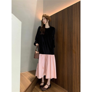 Đầm Nhung Tay Dài Cổ Tròn Dáng Rộng Màu Sắc Tương Phản Phong Cách retro Hàn Quốc