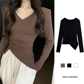 Áo thun nữ tay dài cổ chữ v xẻ tà thời trang