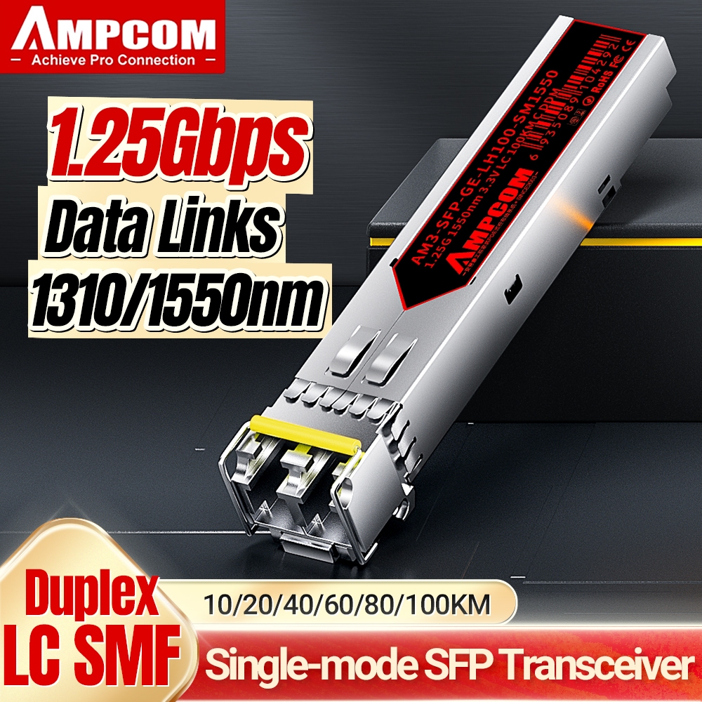 AMPCOM 1.25G LC SFP Single Mode Duplex Optic Module 1000Base-SX, 10-100KM 1310/1550nm, Module Quang Giábit Fiber DDM SMF Transceiver cho Ruijie, Ubiquiti, Mikrotik
