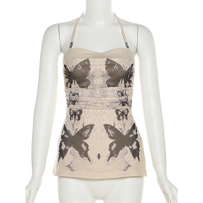 Klalien Đầm Mini Hai Dây Dáng Ôm In Họa Tiết Bươm Bướm Thời Trang Mùa Hè Quyến Rũ Cho Nữ