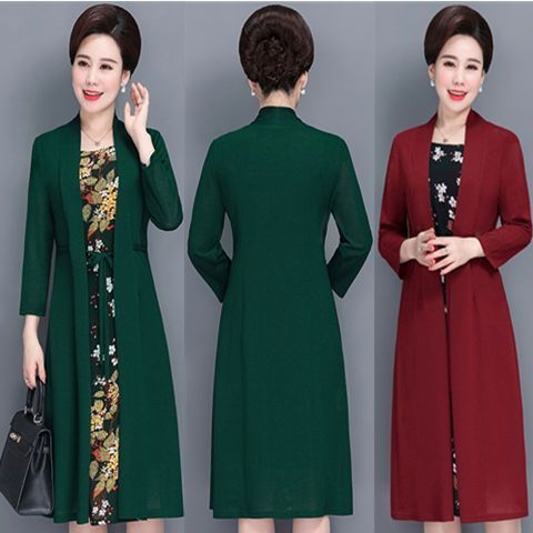 Đầm Tay Dài Giả Hai Lớp plus size Thời Trang Xuân Thu Cho Phụ Nữ Trung Niên