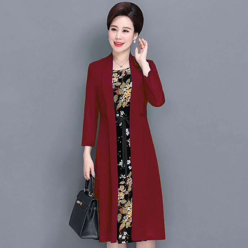 Đầm Tay Dài Giả Hai Lớp plus size Thời Trang Xuân Thu Cho Phụ Nữ Trung Niên