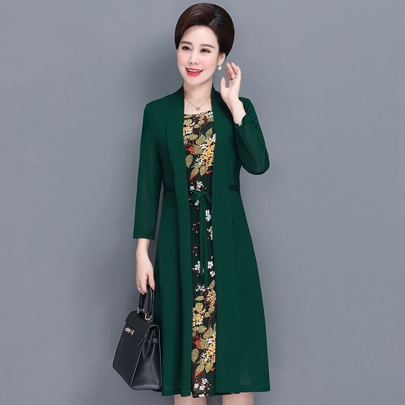 Đầm Tay Dài Giả Hai Lớp plus size Thời Trang Xuân Thu Cho Phụ Nữ Trung Niên