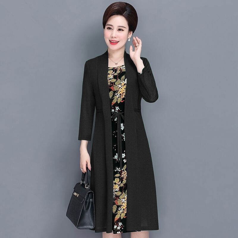 Đầm Tay Dài Giả Hai Lớp plus size Thời Trang Xuân Thu Cho Phụ Nữ Trung Niên