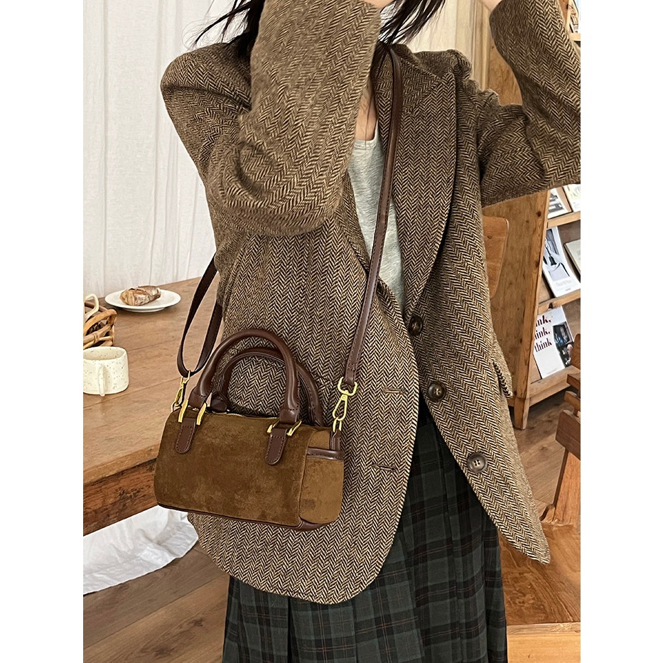 Thời Trang Túi Xách Da Lộn Hình Trụ Phong Cách retro Cho Nữ