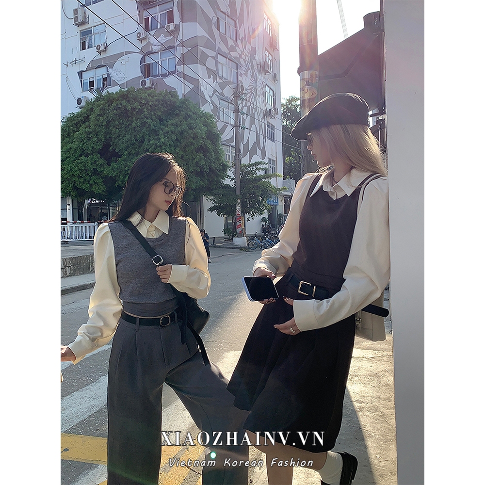 Xiaozhainv Bộ Áo Sơ Mi Dài Tay Giả Hai Lớp + Chân Váy Chữ a Xếp Ly Lưng Cao + Quần Ống Đứng Phong Cách Hàn Quốc Thời Trang Cho Nữ
