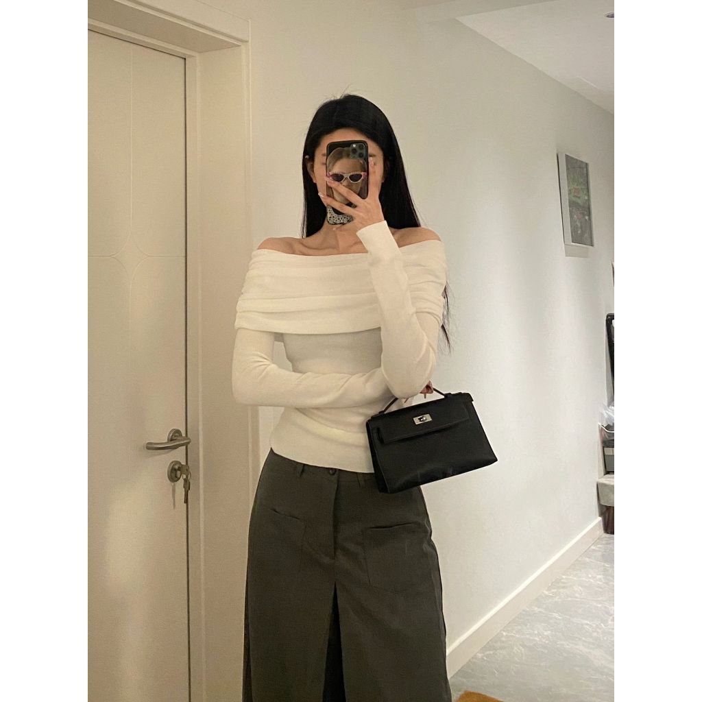 Cocory vn Áo sweater Dệt Kim Dài Tay Trễ Vai Xuyên Thấu Phong Cách Pháp y2k Cho Nữ