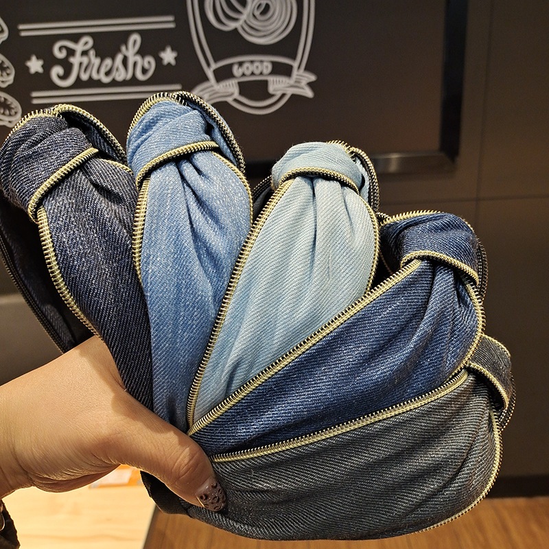 Mới Băng Đô denim Bản Rộng Có Khóa Kéo Phong Cách Hàn Quốc Thời Trang Cho Nữ