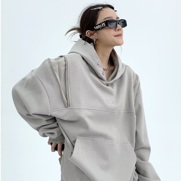 Áo khoác hoodie sweater Trùm Dáng Rộng Thiết kế kéo kéo hai bên vai Thời Trang hoodie đôi Hàn Quốc Mũ có khuy cài Cặp Đôi Màu sắc đơn giản áo hoodie dày