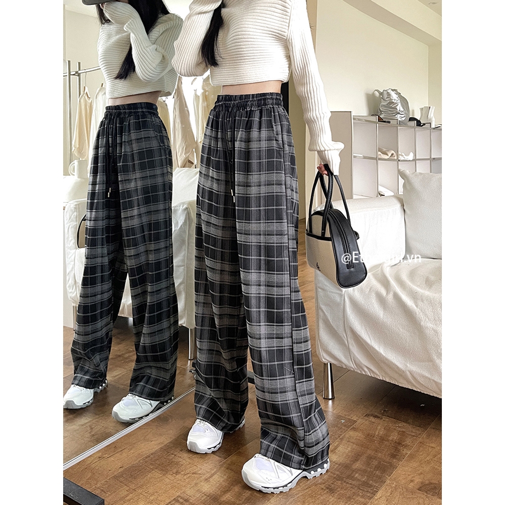 Ethelgirl Quần Dài Lưng Cao Sọc Ca Rô Đen Trắng Phong Cách retro Thời Trang Cá Tính Cho Nữ