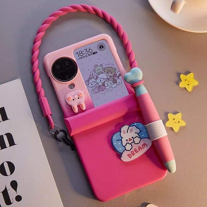 Ốp điện thoại nắp gập siêu dễ thương kèm bút stylus và dây buộc. cho samsung z flip 5 zflip5 oppo find n2 flip / oppo find n3 flip