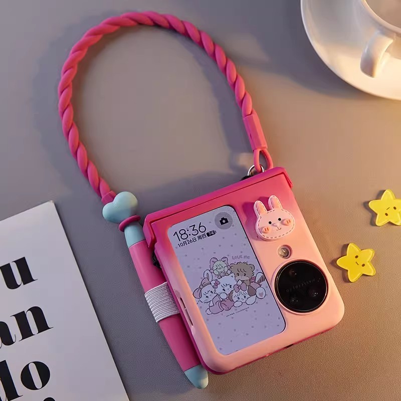 Ốp điện thoại nắp gập siêu dễ thương kèm bút stylus và dây buộc. cho samsung z flip 5 zflip5 oppo find n2 flip / oppo find n3 flip