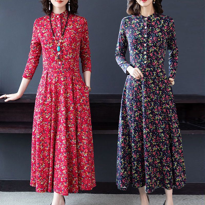 Đầm Hoa Tay Dài plus size Thời Trang Xuân Thu Cho Nữ