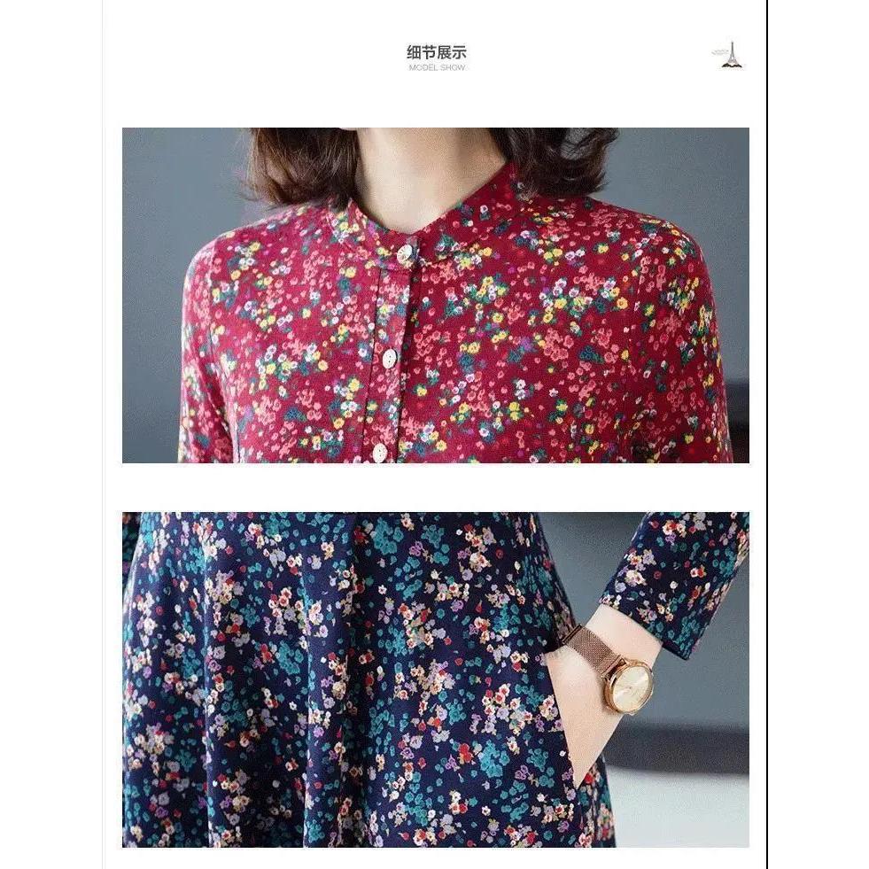 Đầm Hoa Tay Dài plus size Thời Trang Xuân Thu Cho Nữ