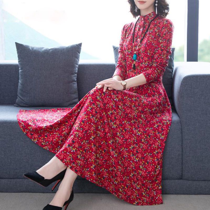 Đầm Hoa Tay Dài plus size Thời Trang Xuân Thu Cho Nữ