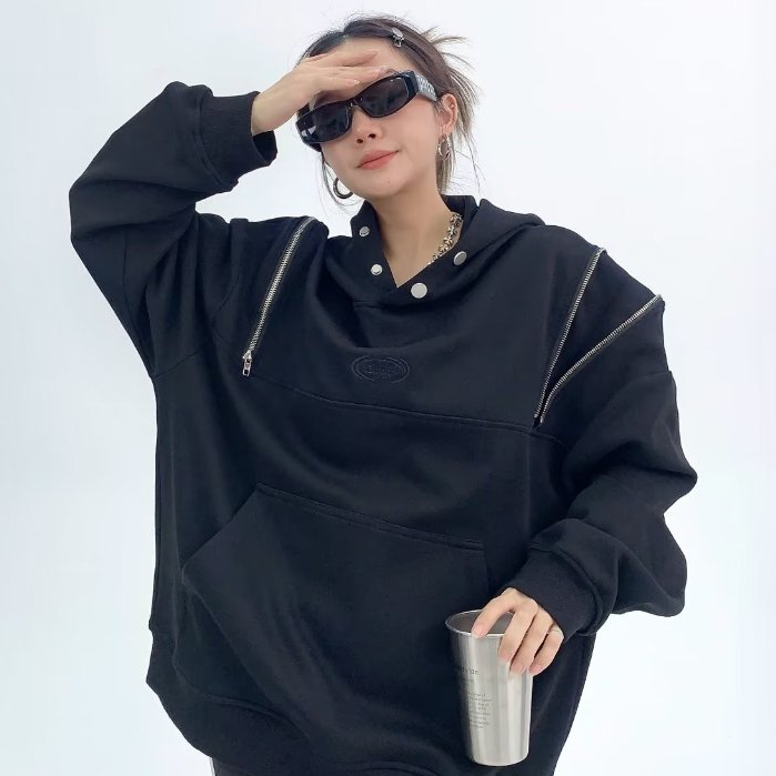 Áo khoác hoodie sweater Trùm Dáng Rộng Thiết kế kéo kéo hai bên vai Thời Trang hoodie đôi Hàn Quốc Mũ có khuy cài Cặp Đôi Màu sắc đơn giản áo hoodie dày