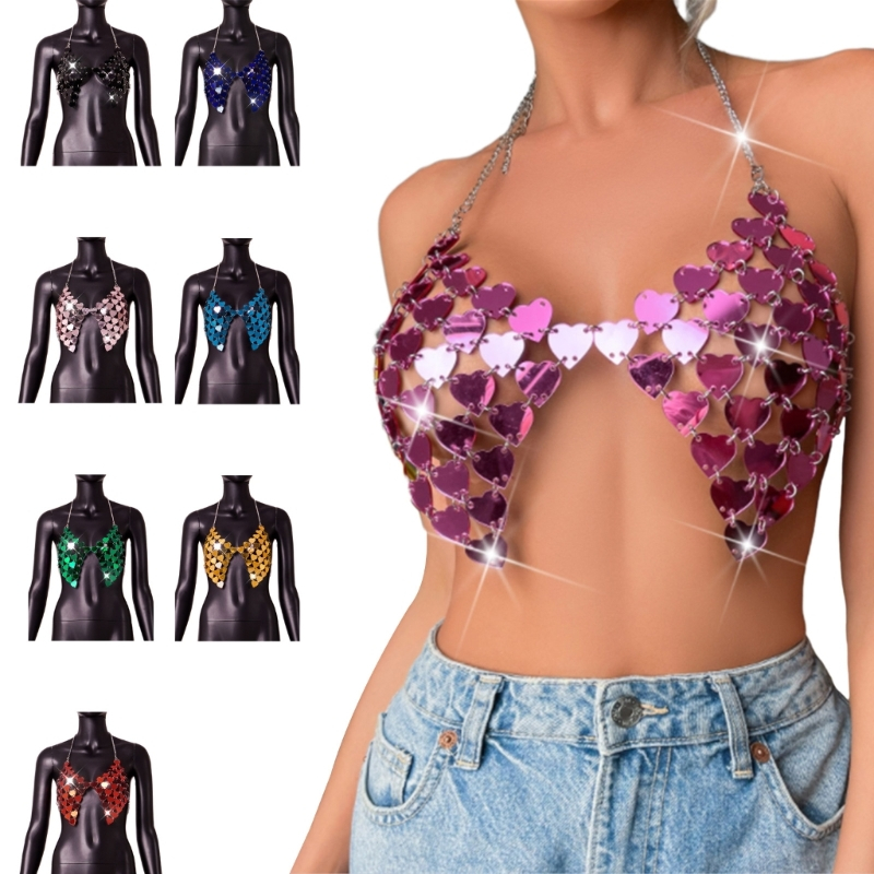 Áo Ngực Crop Top Dây Xích Kim Sa Hình Trái Tim Gợi Cảm Dự Tiệc Tối