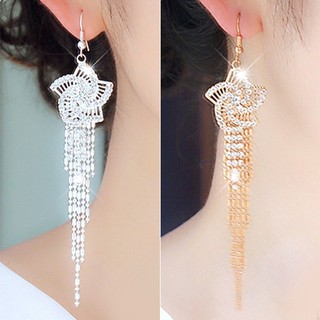 Đôi khuyên tai hình hoa phối dây dài đính kim cương giả thời trang cho nữ