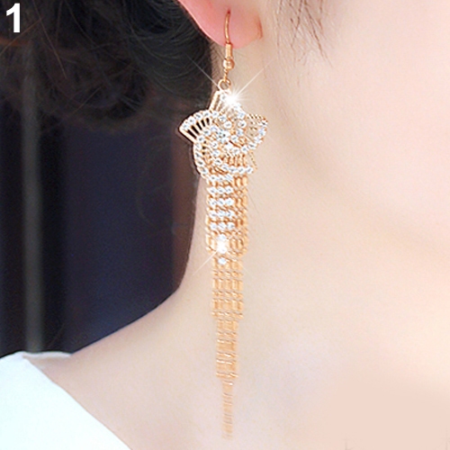 Đôi khuyên tai hình hoa phối dây dài đính kim cương giả thời trang cho nữ