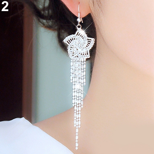 Đôi khuyên tai hình hoa phối dây dài đính kim cương giả thời trang cho nữ