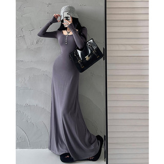 Họa Tiết Mịn ~ Âu Mỹ Gợi Cảm Cổ Chữ U Lớn Siêu Dài Đầm Kardashian Pure Desire Cô Gái Nóng Nửa Lông Skinny Ôm Hơn Nhìn Drap Đầm Ôm Vừa vặn Hông Đáy Váy Bé Gái Váy Cổ Vuông Đơn Giản Váy Lớn