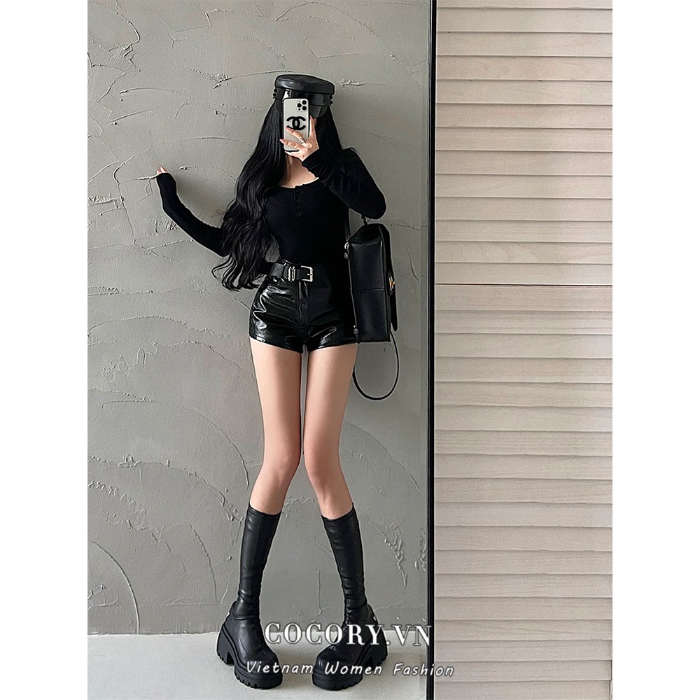 Cocory vn Quần Short Da pu Lưng Cao Quyến Rũ Cho Nữ