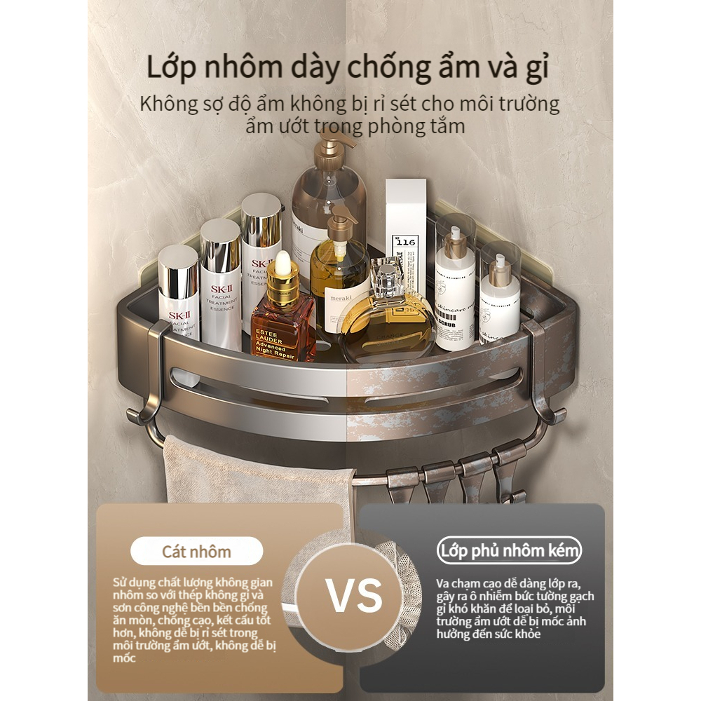 YUN JIE YA  Đựng Đồ Trang Điểm Gắn Góc Tường Nhà Tắm Bằng Nhôm Không Cần Đục Lỗ Giá Đựng Mỹ Phẩm Gắn Tường Không Cần Khoan Lỗ Chống Nước Dễ Tháo Gỡ Cho Nhà Tắm