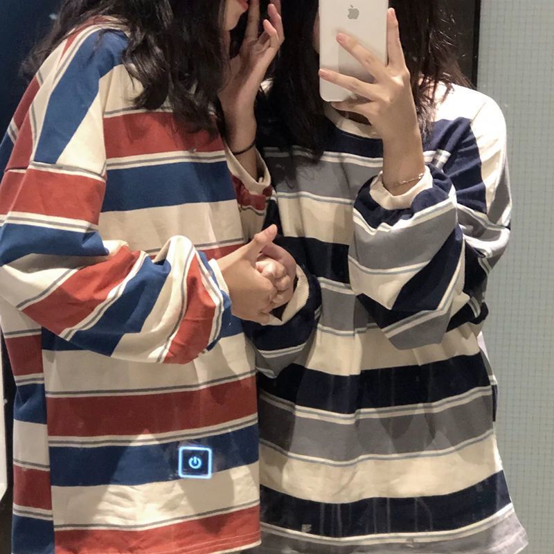 Áo Phông Hot Áo Thun Dáng Rộng Tay Dài Kẻ Sọc Cầu Vồng Thời Trang Mùa Thu Cho Nữ