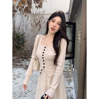 QKOOLE Bộ Áo cardigan Dệt Kim Cổ Vuông Phối Chân Váy Dáng Chữ a Thời Trang Thu Đông Cho Nữ