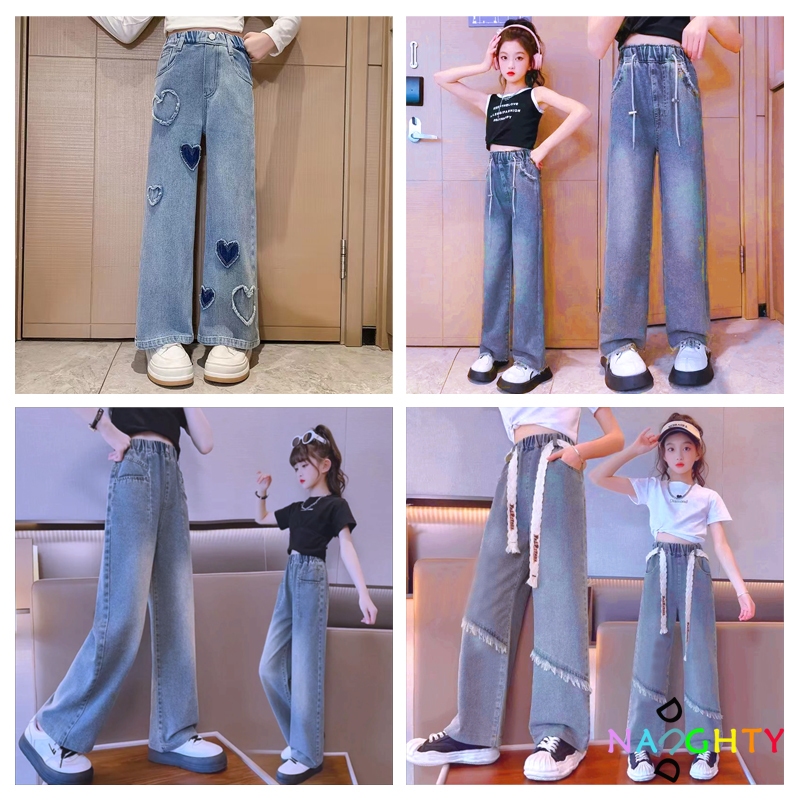 Quần Jean Ống Rộng Kiểu Dáng Đơn Giản Hợp Thời Trang Cho Bé Gái Từ 4-14 Tuổi