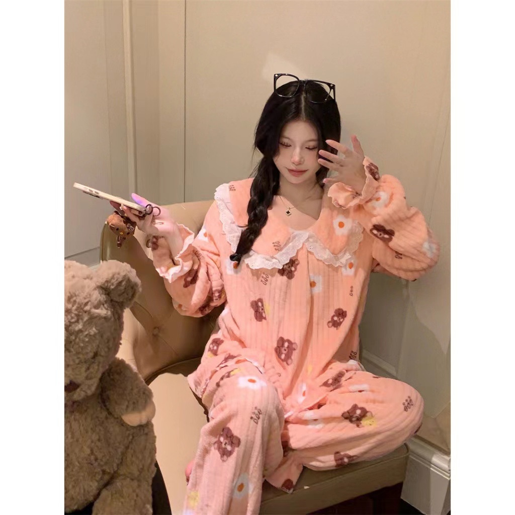 YAMI bộ đồ ngủ tay dài vải lông cừu san hô pijama hoạt hình dễ thương gấu đồ mặc nhà nữ