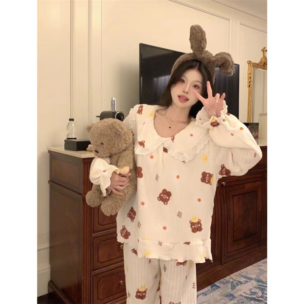 YAMI bộ đồ ngủ tay dài vải lông cừu san hô pijama hoạt hình dễ thương gấu đồ mặc nhà nữ