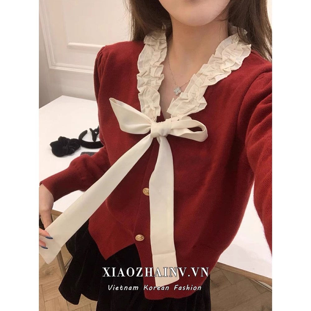 Xiaozhainv Áo Khoác cardigan Dệt Kim Tay Dài Dáng Ôm Cột Nơ 4 Màu Lựa Chọn Sang Trọng Thời Trang Cho Nữ