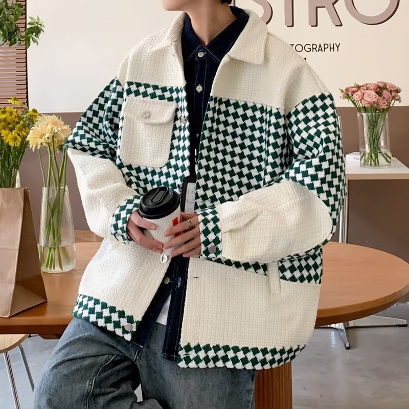 Áo Khoác Cổ Bẻ Phối Họa Tiết Caro Phong Cách hong kong Thời Trang Thu Đông Cho Nam