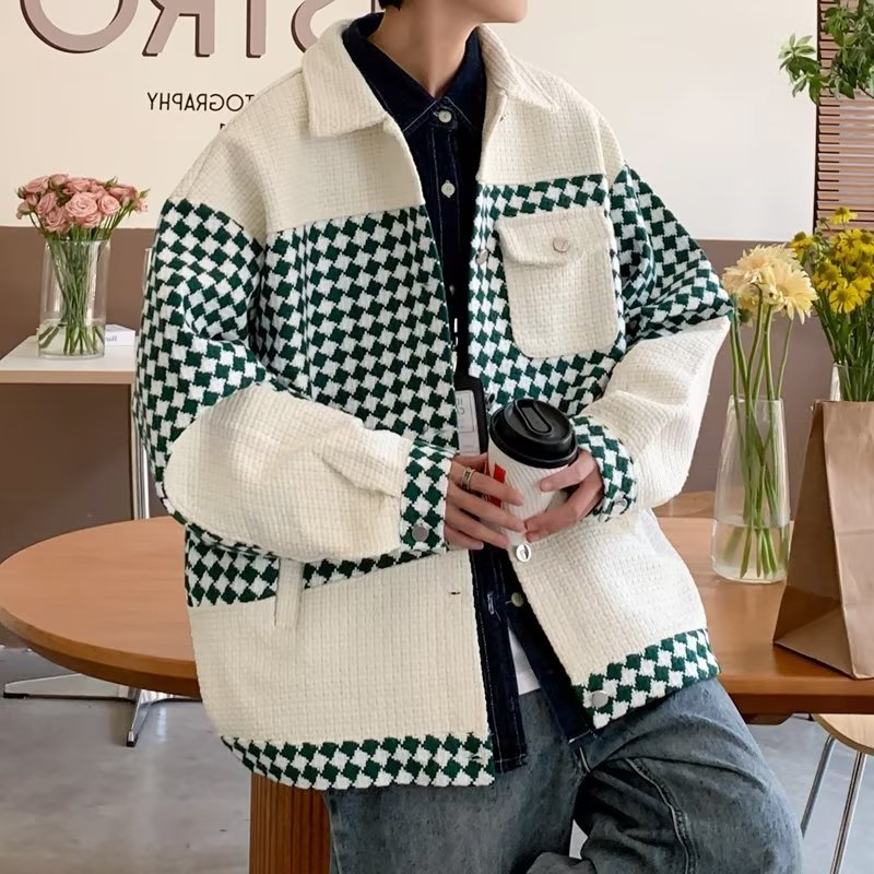 Áo Khoác Cổ Bẻ Phối Họa Tiết Caro Phong Cách hong kong Thời Trang Thu Đông Cho Nam