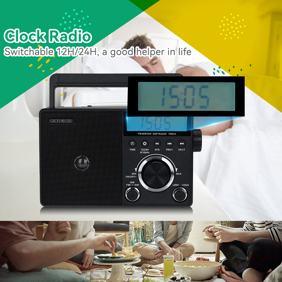 Radio Rtekess tr635 fm sw Tự Động Lấy Nét 12 / 24 Tiếng Có Màn Hình Hiển Thị