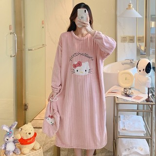 Đầm Ngủ Tay Dài Chất Nỉ Dày Dặn In Họa Tiết Hoạt Hình Dễ Thương Thời Trang Thu Đông Cho Nữ