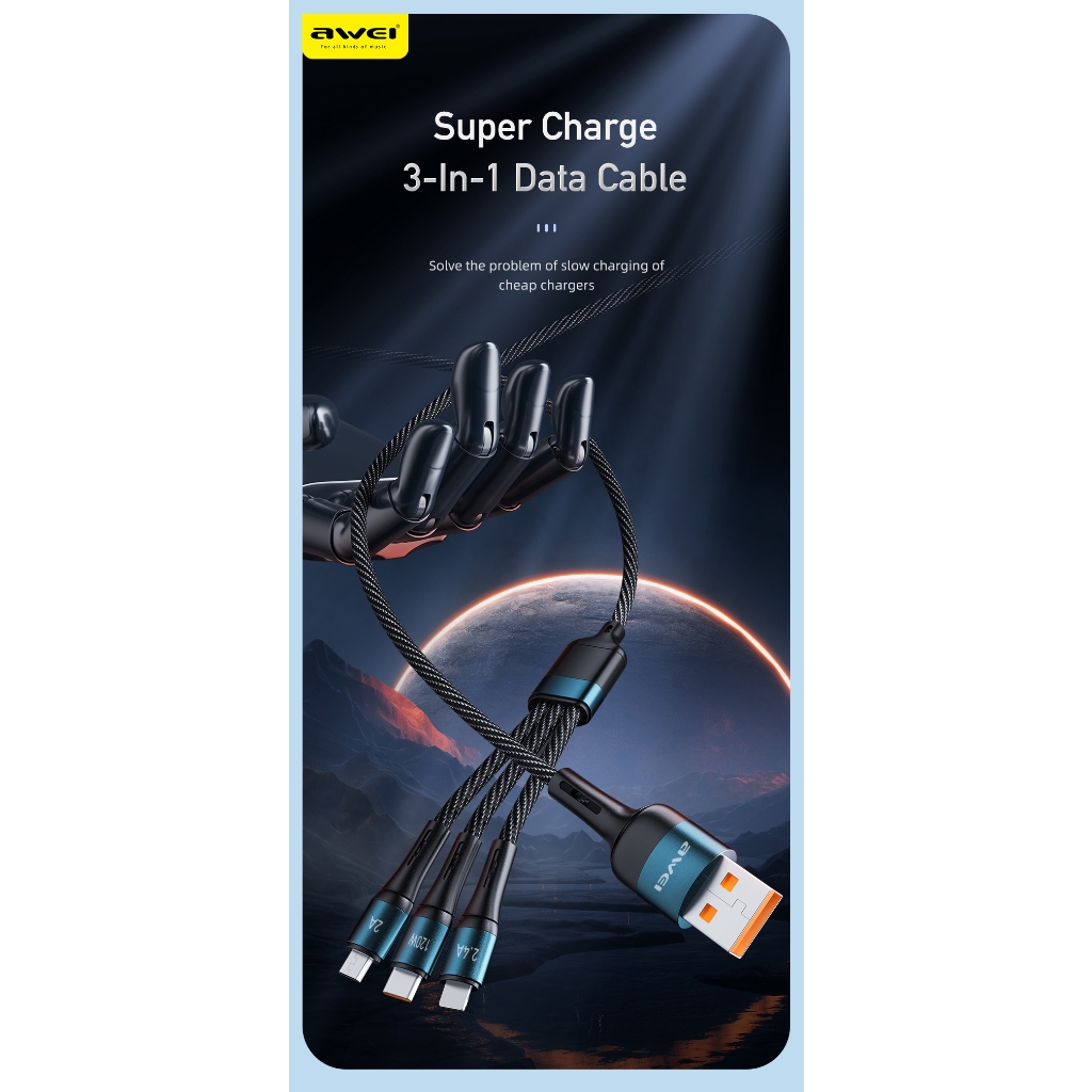 Cáp sạc siêu nhanh AWEI CL-972 thiết kế 3 trong 1 USB sang M+C+L Type C 120W thích hợp cho Samsung iPhone Huawei
